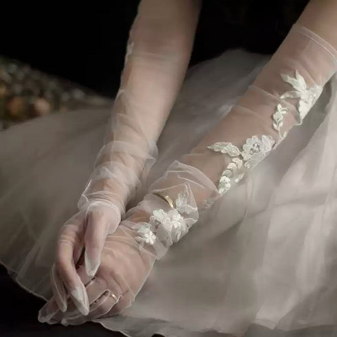 White Bridal Tulle Gloves – Floral Embroidered Long Wedding Gloves